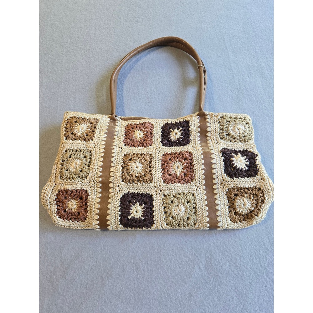 The Sak Crochet Granny Square Tote Bag Womens Large Brown Beige Boho Patchwork